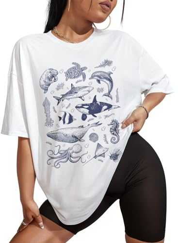 Flafens Oversized Tshirts for Women - T Shirt Graphic Tees Loose Crewneck Pattern Sleeve Cute Print Fashion Summer Tops
