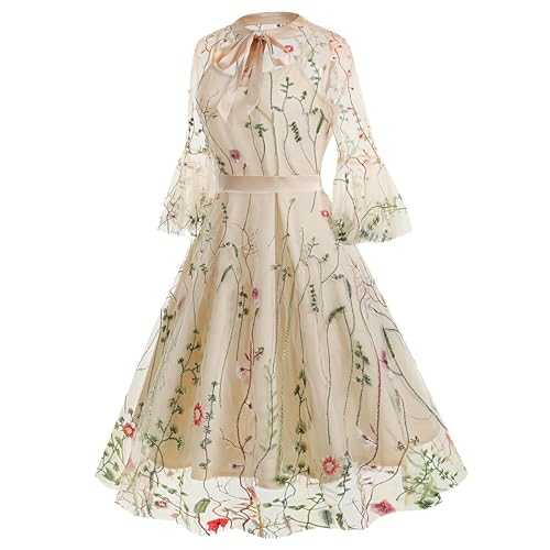 AMDOLE Ladies Dresses Sheer Seagrass Embroidered Vintage Long Sleeve Wedding Guest Gown Round Neck Lace Up Double Layer Midi Skirt Two Piece Dress Summer Dresses for Women UK