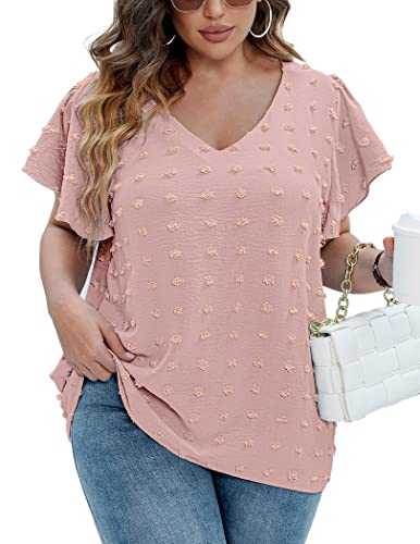 IN'VOLAND Womens Plus Size Blouse Dressy V Neck Summer Tops Short Sleeve Casual Cute Flowy Tunic Shirts