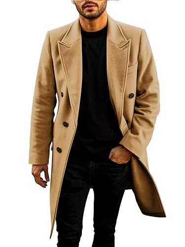 PASLTER Mens Trench Coat Mid Long Double Breasted Slim Fit Peacoat Notched Lapel Winter Business Overcoat