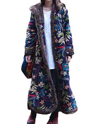 LZJN Women's Warm Long Overcoat Hooded Winter Quilted Parka Outwear with Faux Fur Collar Jackets (Blue with Leaves and Flowers)