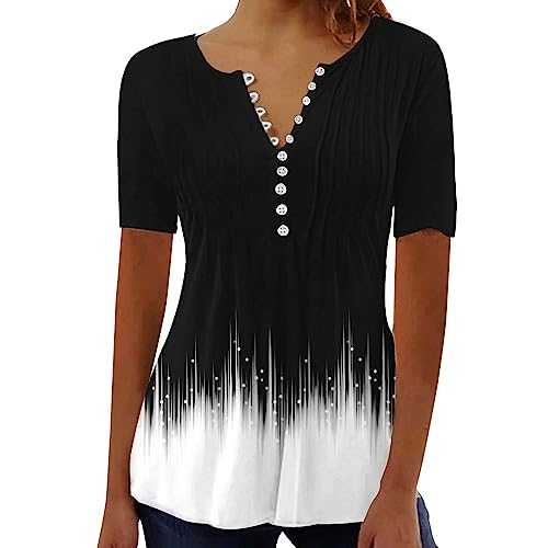 Womens Summer Tops Gradient Womens Tunic Tops Short Sleeve Shirts for Women UK V Neck Womens Holiday Clothes Button Up Longline Loose Fit Casual Henly Shirts Holiday Ladies Blouse