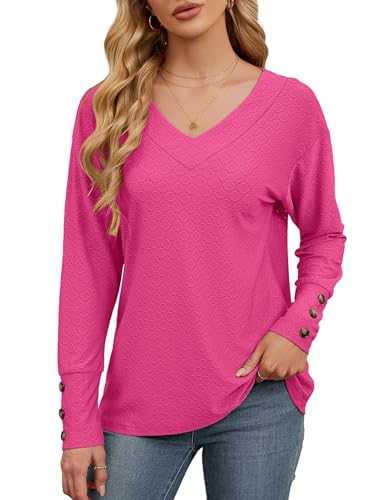 Akiooue Long Sleeve Basic T-Shirts Womens Tops Casual Blouses V Neck Shirts Buttons On Cuffs Eyelet Tunic Tops S-XXL