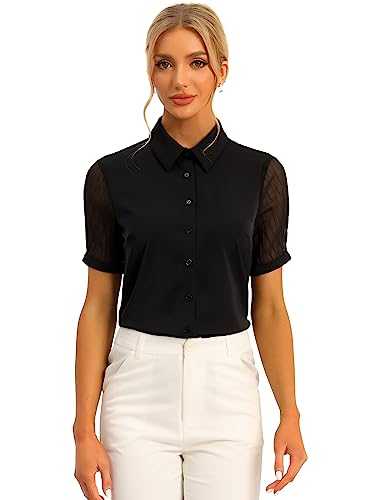 Allegra K Button Down Shirt for Women's Sheer Short Sleeve Point Collar Work Tops