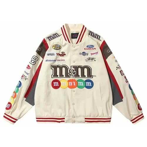 WYXDYSJWM Hip Hop Baseball Jackets Men Women High Street M&M Embroidery Motorcycle Loose Bomber Coats Harajuku Retro Racing Varsity Jacket