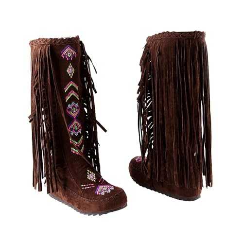 Womens Knee High Boots Clearance,Winter Boots for Women UK Plus Size Ethnic Style Retro Boots Tassel Flannelette Lining Mid-heel Knee High Boots Inner Sloping Heel Flat High Boots 3-8.5 Today's Deals