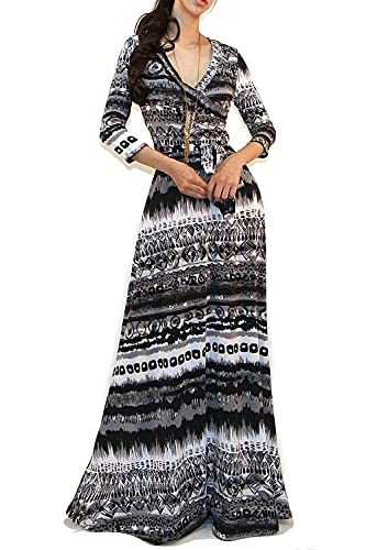 Vivicastle Women's USA V-Neck 3/4 Sleeve Faux Wrap Waist Tie Printed Long Maxi Dress