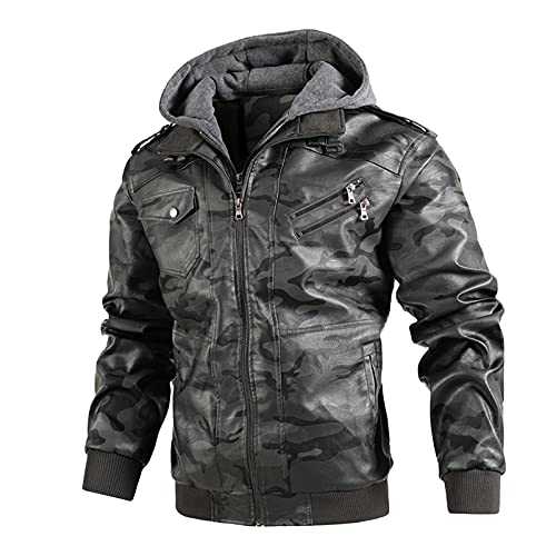 Mens Bomber Jackets Men's Winter Multi-Zipper Hooded Plus Velvet Warm Outwear Glossy Leather Lapel Overcoat Short Print Jacket Sports Smart Casual Spring Jackets for Men UK