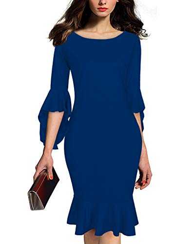 GIKING Women Dresses Party Elegant,Women Plus Size Deep Boat Neck Ruffle Bodycon Midi Dress Blue Evening Dresses for Women