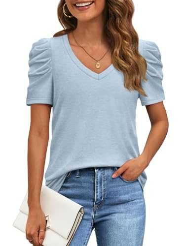ATHMILE Womens Summer Shirt V Neck Casual Tshirts Puff Sleeve Tops for Women Trendy 2025 Tunic Solid Color