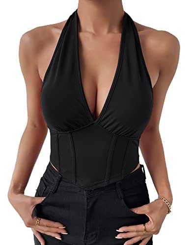 EVELIFE Womens Crop Tops Sexy Deep V Halter Neck Vest Seamless Sleeveless Corset Tops Ladies Tank Tops