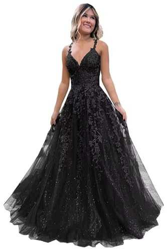 Vtorliya Women's Spaghetti Strap Tulle Prom Dresses Long Lace Appliques Ball Gown A-Line V Neck Formal Evening Party Dress