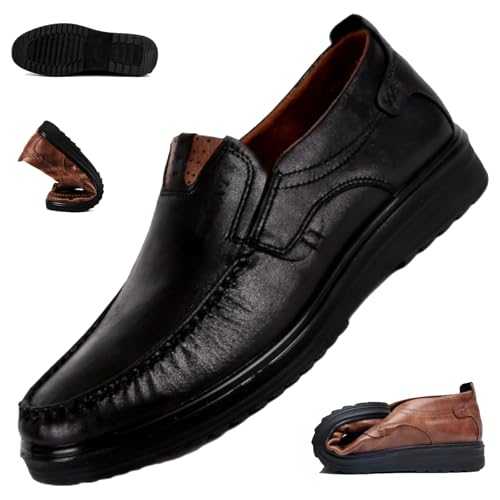 HESYSUAN Large Size Men Comfy Casual Genuine Leather Oxfords Shoes, Lightweight Breathable Business Slip on Loafers Handmade Slip-on Moccasins Boat Shoes