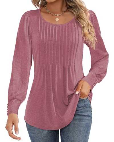 Long Sleeve Women's Pleated Crew Neck Puff Sleeves with Buttons Loose Long Shirt Women's Elegant Tops
