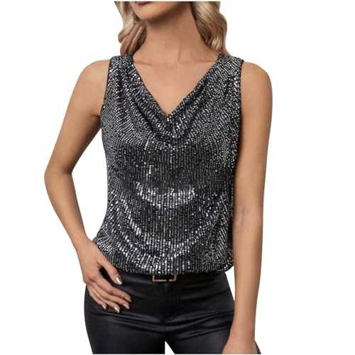 Ladies Elegant Sequins Vest Tops V Neck Tank Top Women Sparkly Glitter Cami Tops Sleeveless Blouse Tunic T Shirts Tees Going Out Tops for Women UK Summer Loose Fit Casual Shirts Camisole Top