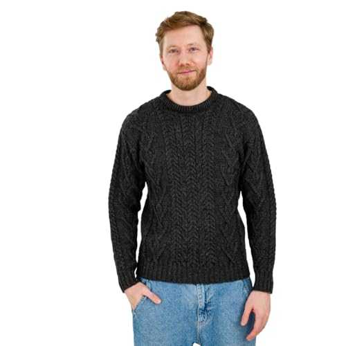 SAOL 100% Merino Wool Traditional Aran Crew Neck Sweater for Men, in Natural/Charcoal/Army Green