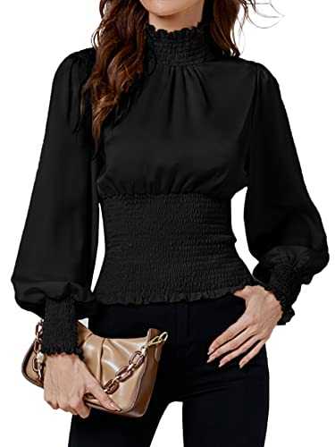 LYANER Women's Shirred Frill Mock Neck Smocked Puff Long Sleeve Blouse Top