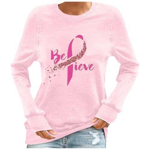 Women's Breast Cancer Prevention Month Printed Crew Neck Long Sleeve Casual T-Shirt (1) Top Glitter