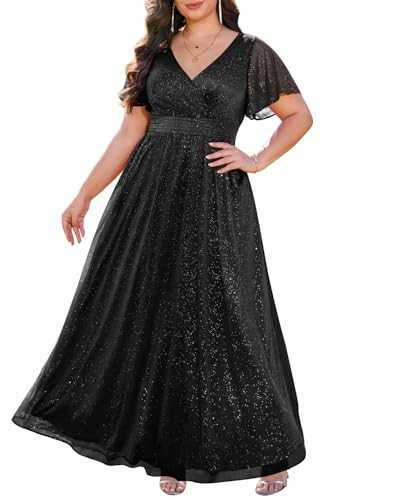 Talisea Plus Size Formal Dresses - V Neck Flutter Sleeve Glitter Prom Evening Gowns Wedding Guest Chiffon Long Maxi Dress