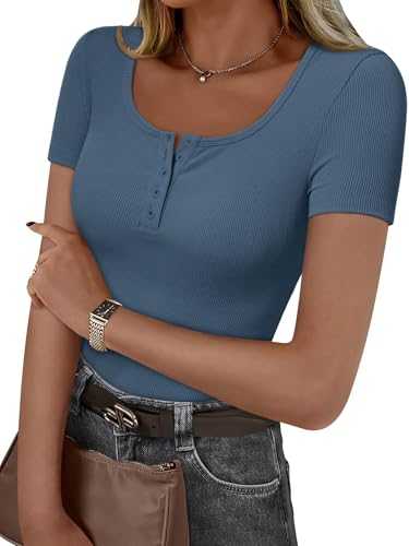 Trendy Queen Womens Short Sleeve Summer Tops Ribbed Henley T Shirts Basic Tee Cute Casual Spring Fashion Clothes 2025