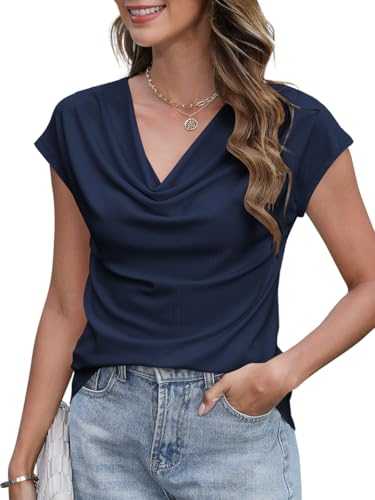Poetsky Summer Womens Fashion Dressy Tops Short Sleeve Cowl Neck Shirts Trendy 2025 Classy Casual Outfits Ladies Top Blouses