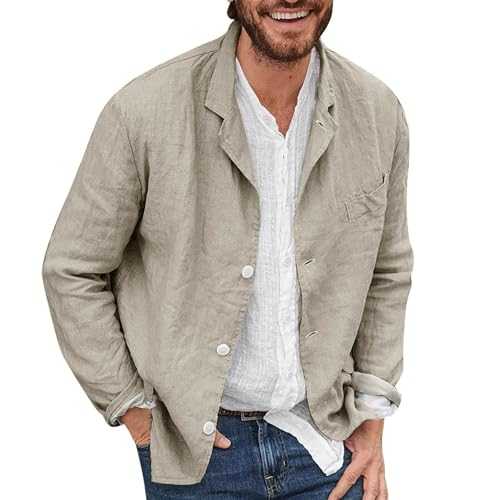 Men Casual Loose Fit Linen Suit,Cotton and Linen Solid Colour Suit Casual Fashion Long-Sleeved Tops Black Shirts for Men Adult Formal Shirts Long Sleeve Cotton Lightweight Sport Coat with Pocket