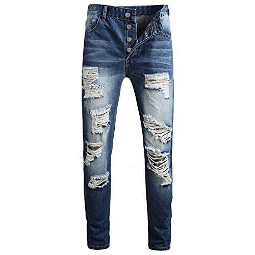 AMhomely Casual Trousers Men Cotton Black Jeans Mens Regular Fit Frayed Ripped Jeans Classic Stretch Vintage Distressed Skinny Denim Office Work Casual