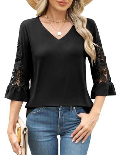iWoo Womens Tops 3/4 Length Sleeve Casual Blouse Summer Dressy Fashion V Neck T Shirts Lace Ruffles Sleeve Tunic