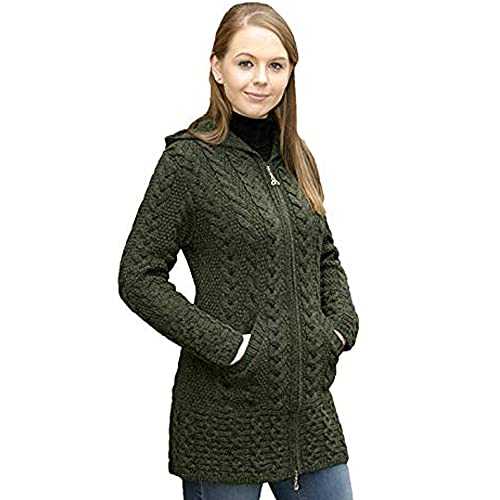 100% Irish Merino Wool Ladies Hooded Aran Zip Sweater Coat by West End Knitwear