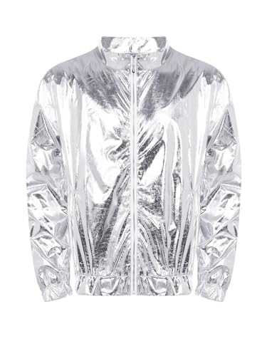 iiniim Men's Metallic Long Sleeve Jacket 70s Shiny Zip-up Baseball Bomber Jackets Disco Party Clubwear