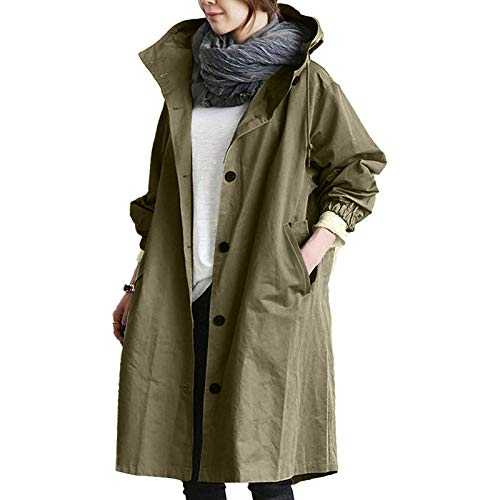 HOOUDO Women Waterproof Trench Coat Oversized Windbreaker Rain Coats Autumn Winter Long Jackets Overcoat Outerwear Raincoat Lightweight Breathable Outdoor Hooded Rain Jacket with Pocket