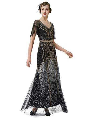 BABEYOND Women's Flapper Dress 1920s V-Neck Evening Gown Sequin Beaded Maxi Dress for Wedding