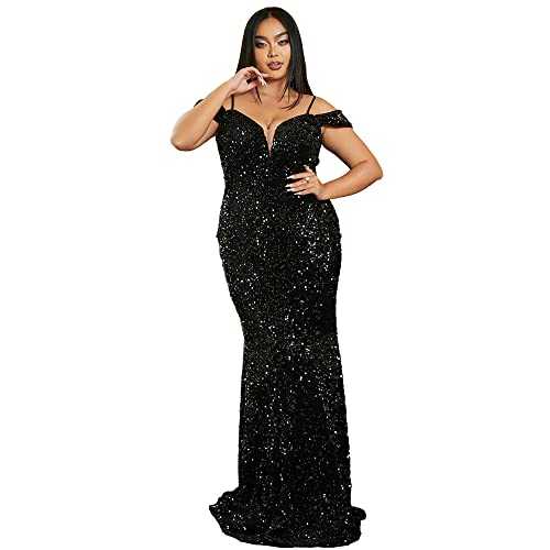 Lin Lin Q Women’s Plus Sequin V Neck Cold Shoulder Mermaid Maxi Dress, Bodycon Short Sleeve Prom Gowns