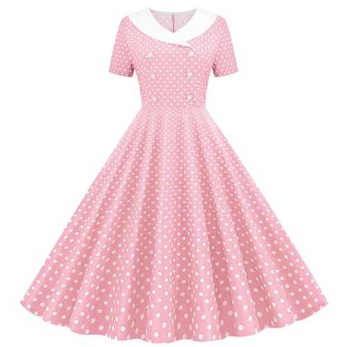 duxyoz Girls Dress Summer Vintage 1950s Rockabilly Swing Dress Retro Hepburn Style Pinup Skater A-Line Dresses Short Sleeve Double-Breasted Polka Dots Evening Party Prom Dresses Ball Gown 5-14 Years