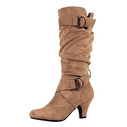 Womens Knee High Boots Clearance,Winter Boots for Women Today's Deals,Middle Heel Belt Buckle Round Suede Boots Solid Color Knee High Boots Warm Snow Boots Platform Non -slip Boots UK Size 2.5-7.5