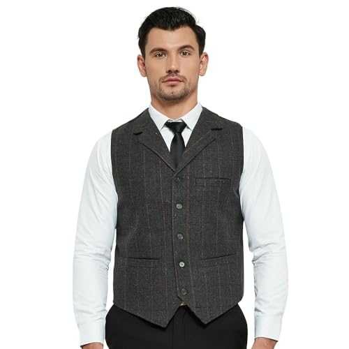Aiqingch Mens Suit Vest Wool Tweed Tartan Classic V-Neck Plaid Business Formal Dress Waistcoat Regular Fit Vintage Sleeveless Jacket for Wedding Party Prom