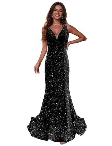 Sparkly Sequin Prom Dresses Long Deep V-Neck Sexy Mermaid Formal Cocktail Dresses for Women Backless
