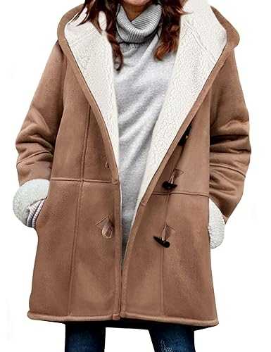 Vancavoo Winter Hoodie for Women Faux Suede Shearling Coat Sherpa Fleece Lined Thicken Thermal Long Hoodies Warm Overcoat Sheepskin Buckle Casual Plush Cardigans with Pockets