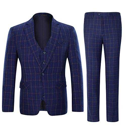 Pkrboro Men's Plaid One Button 3 Pieces Suit Checked Smart Formal Wedding Work Tuxedos