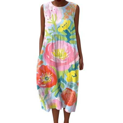 Midi Dresses for Women UK Vintage Floral Cotton Linen Shirts Dress Casual Sleeveless Round Neck Maxi Dress Loose Fit Long Dresses with Pockets Beach Holiday Plus Size Elegant Sundress with Pockets