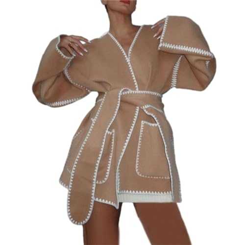 CUFEZN Women's Long Sleeve Overcoat Belted Embroidered Wool Blend Open Front Pea Coat Jacket Oversized Winter Outwear