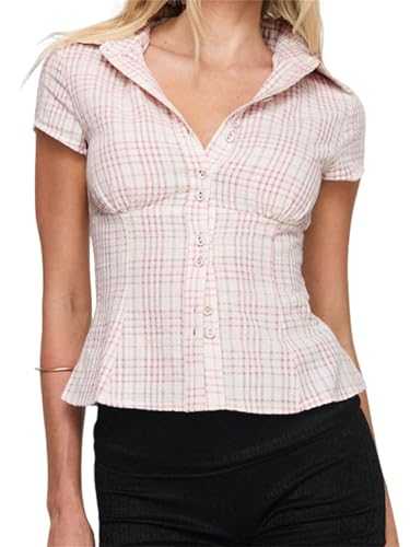 Women Button Down Shirts Ruched Slim Fit Solid Color Lapel Collar Short Sleeve Blouse Y2k Summer Shirt Tops