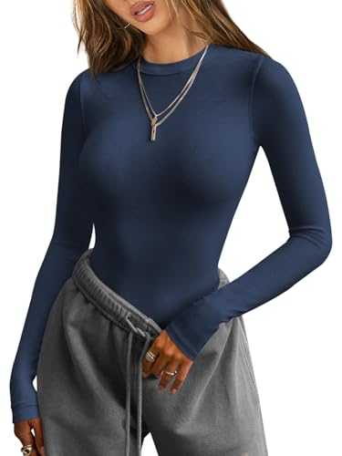 Hragc Women Long Sleeve T Shirts Crew Neck Ribbed Top for Women Going Out Workout Basic Tight Tee Fitted Cotton Tops