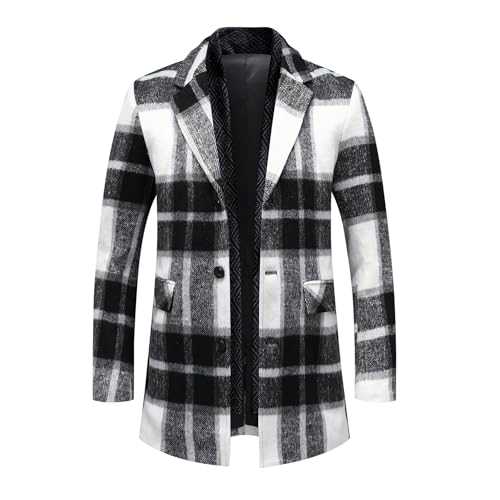 Allthemen Mens Winter Warm Trench Coat Plaid Wool Blend with Detachable Scarf Collar Coat Mid Length PeaCoat