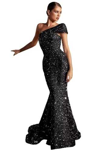 Basgute Sparkly Sequin Mermaid Prom Dresses for Teens 2024 Glitter Long Bodycon One Shoulder Formal Evening Party Gowns