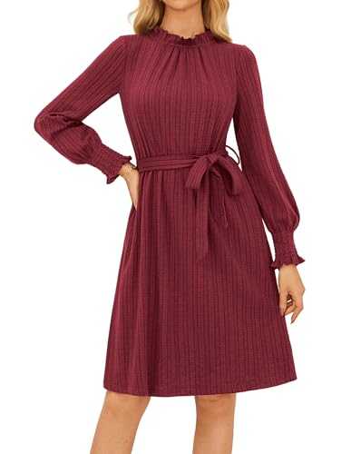 GRACE KARIN Women’s Long Sleeve Crew Neck Midi Dresses Elegant Vintage Ribbed A-Line Elastic Smocked Dress with Belt, Pocket