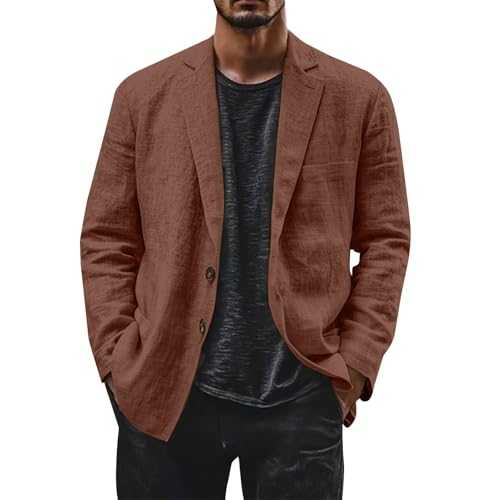 Linen Blazer Men Leisure Suit Jacket Two Button Lightweight Sports Coats Loose Fit Business Office Blazer Solid Color Versatile Suit Jacket Notch Lapels Suits Jackets with Pocket