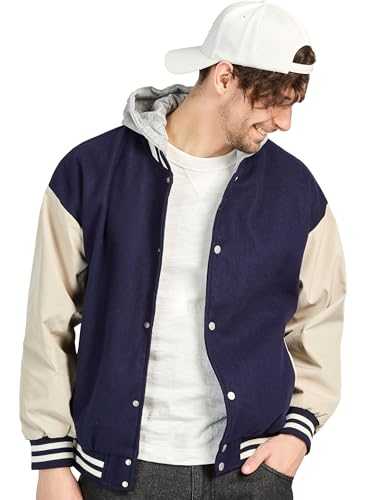 1PA1 Men's Fashion Varsity Jacket Removable Hood Causal Bomber Jackets