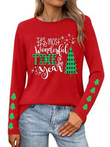 PECHAR Christmas Shirts for Women: Merry Christmas T Shirts Long Sleeve Christmas Tree Shirt Xmas Gift Blouse Tee Tops