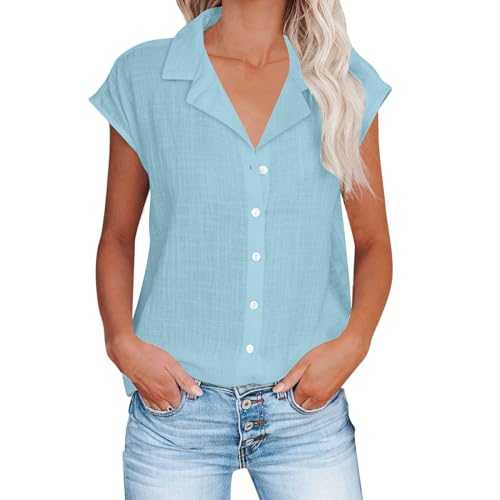 White Linen Tops for Women UK Plain Summer Short Sleeve Button Down Blouses Elegant Loose Casual Shirts Ladies Solid Cotton Linen Tunic Tops UK Size